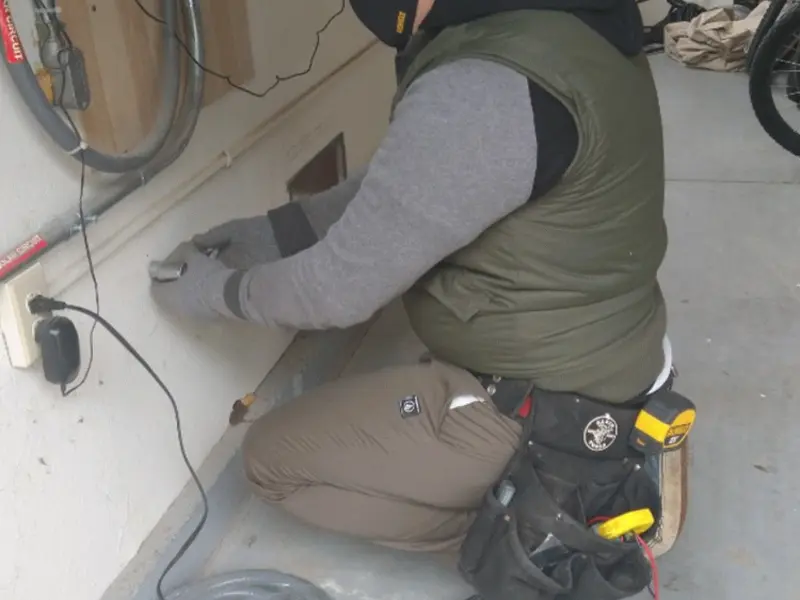 Electrician performing outlet wiring in a Volo garage